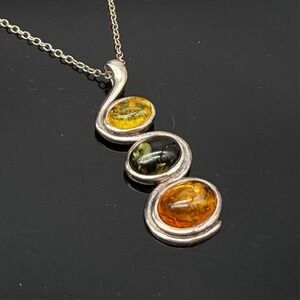Vintage Tricolor Amber Pendant Chain Necklace 925 Sterling Silver 19"